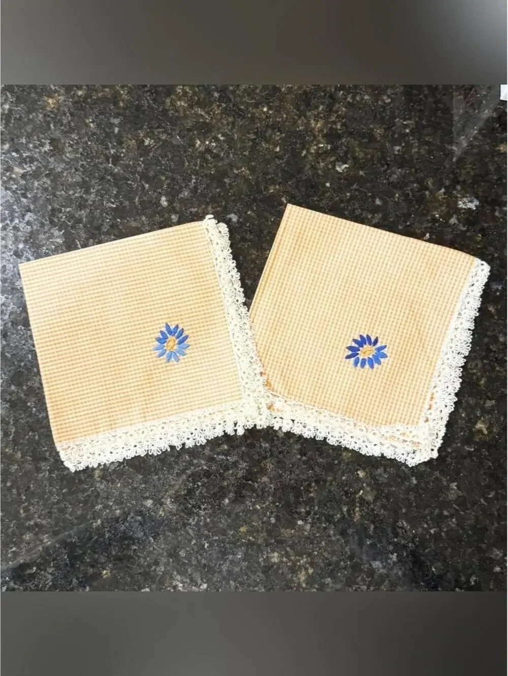 Vintage Orange Gingham Cloth Napkins with Hand-Embroidered Blue Daisy